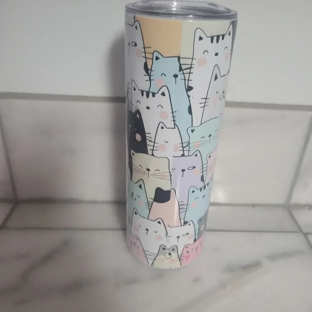 Cat Pastel Color Doodle Cartoon 20oz Tumbler Insulated Hot Cold Coffee Tumbler
